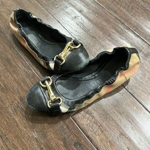 Burberry Black and Tan Flats with Gold Accent